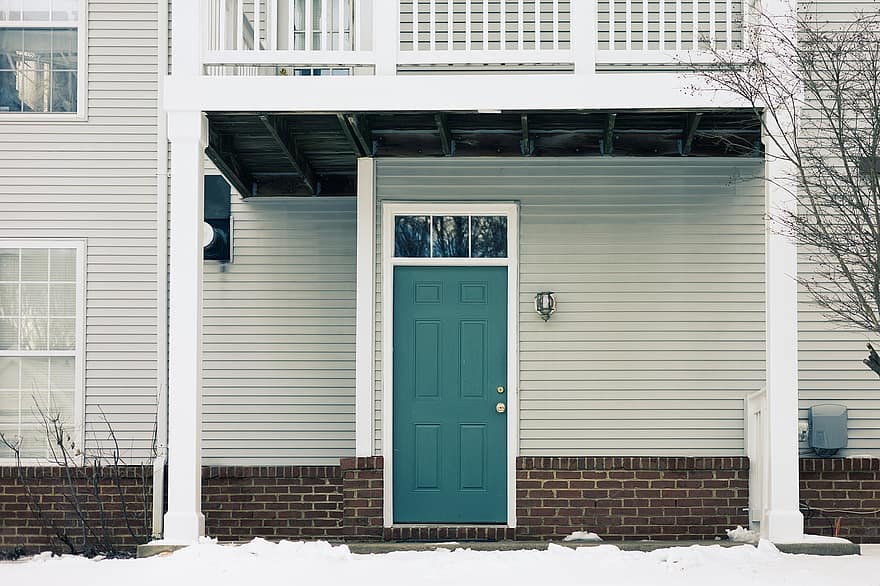 casa, façana, hivern, neu, porta, entrada, porta verda, gelades