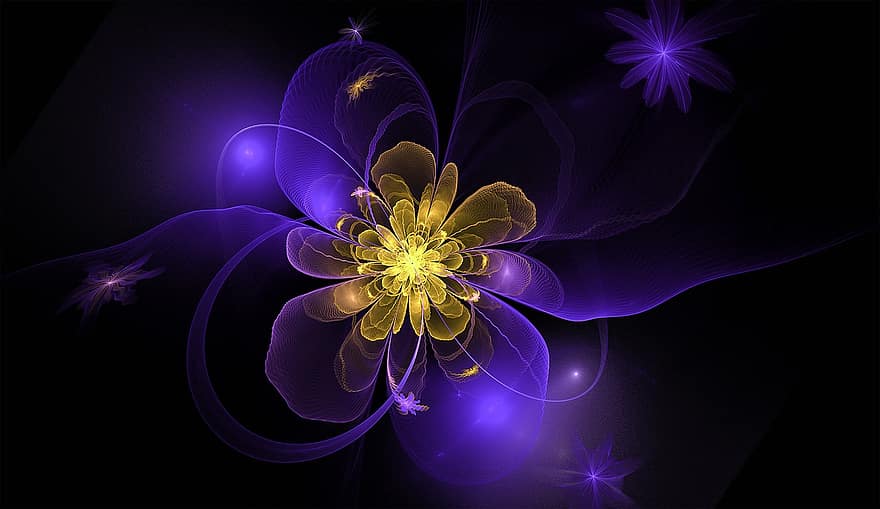 fractal, bloem, bloemen, blauw, goud, bloeien, fractal kunst, digitaal, zwarte kunst