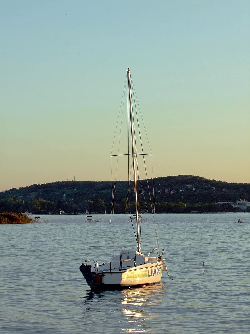 båt, seiling, innsjø, vann, solnedgang