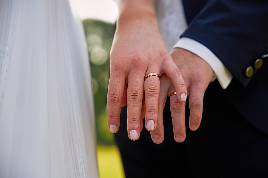 milovat, svatba, prsteny, romantika, ženatý, nevěsta, lidské ruky, muži, ženy, ženich, novomanželka