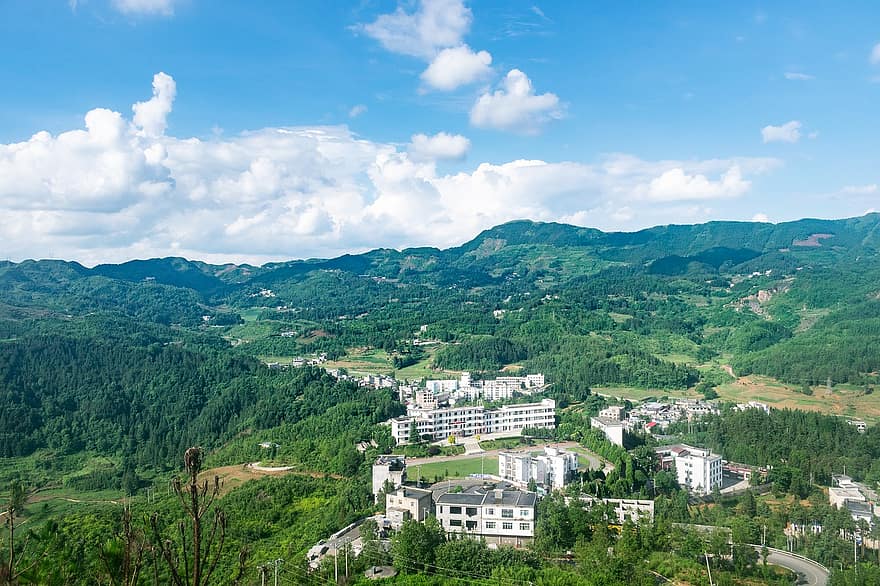 vuori, kylä, panoraama, maisema, rakennus, pilvi, taivas, metsä, ylätasanko, yunnan-guizhoun tasangolla, Guizhoun