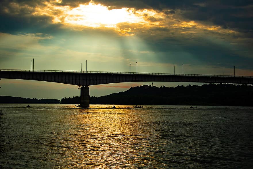 ponte, por do sol, Rio Danúbio