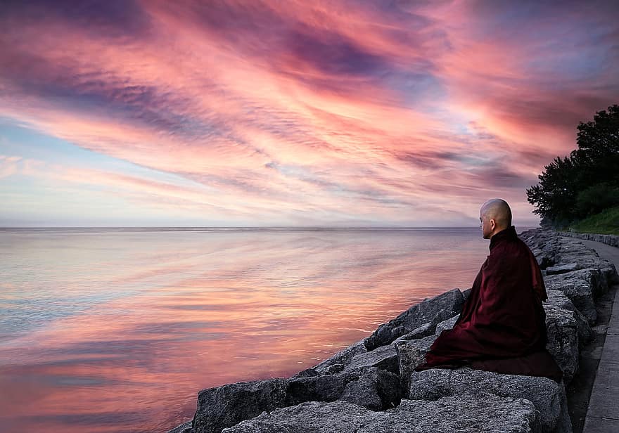 Monk, Meditation, Lake, Sunset, Dusk, Horizon, Sky, Clouds, Water, Boulders, Stones