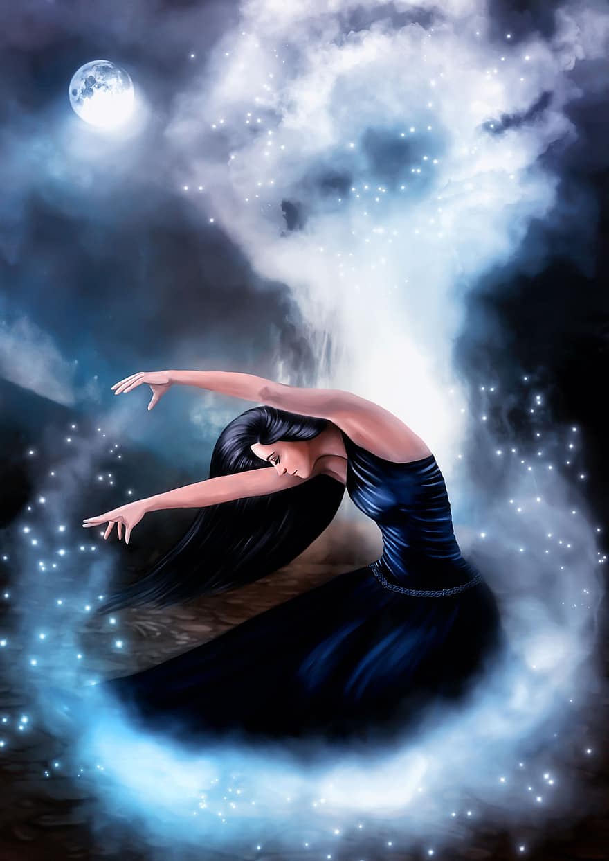 tưởng tượng, ma thuật, đàn bà, giống cái, con gái, truyện cổ tích, những giấc mơ, những đám mây, mặt trăng, ánh sáng, nghệ thuật số