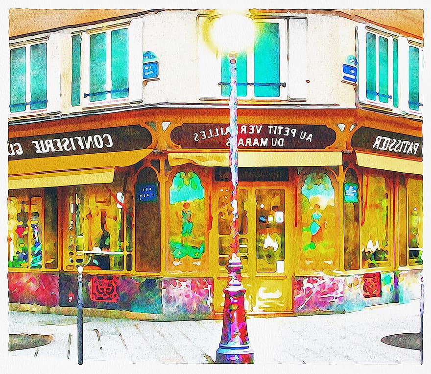 Aquarell Café, Paris Cafe, Bistro, Restaurant, Frankreich, Tabelle, Europa, Französisch, Kaffee, Stadt, Bürgersteig