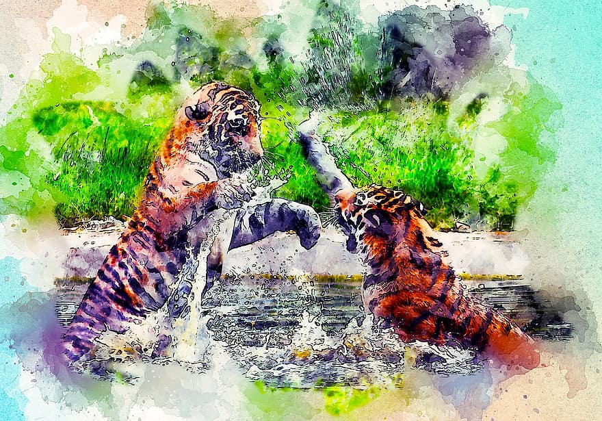 con hổ, Đánh nhau, đang chơi, nghệ thuật, màu nước, cổ điển, con mèo, hoang dã, thú vật, thuộc về nghệ thuật, thiết kế