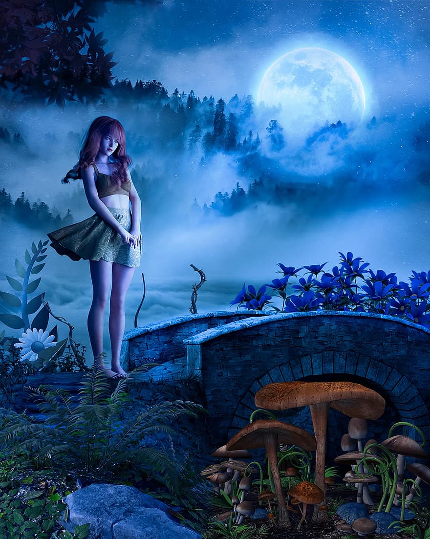девушка, Луна, фантастика, мост, грибы, женщина, лес, деревья, туман, полнолуние, свет луны