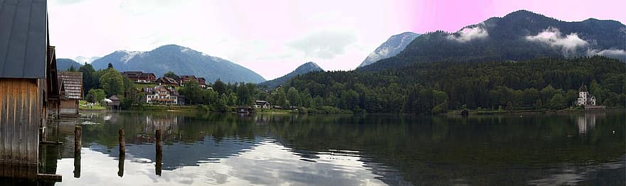 grundlsee, ežeras, Austrijoje, salzkammergut, styrija, panorama, kalnai, kalnas, kraštovaizdį, vanduo, vasara