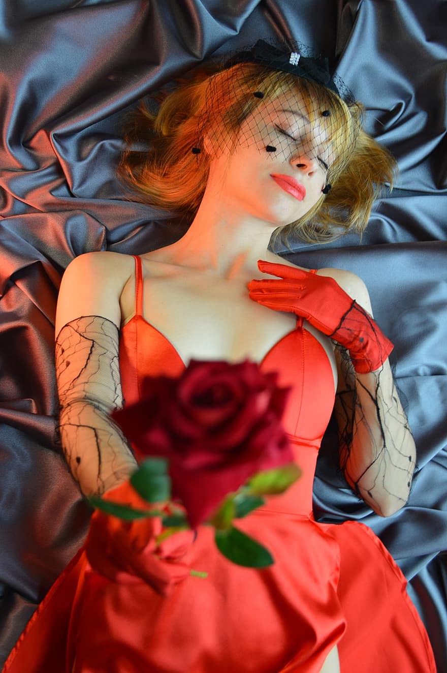 женщина, Роза, вуаль, цветок, перчатки, платье, очарование, ткань, женственность, красота, нежность