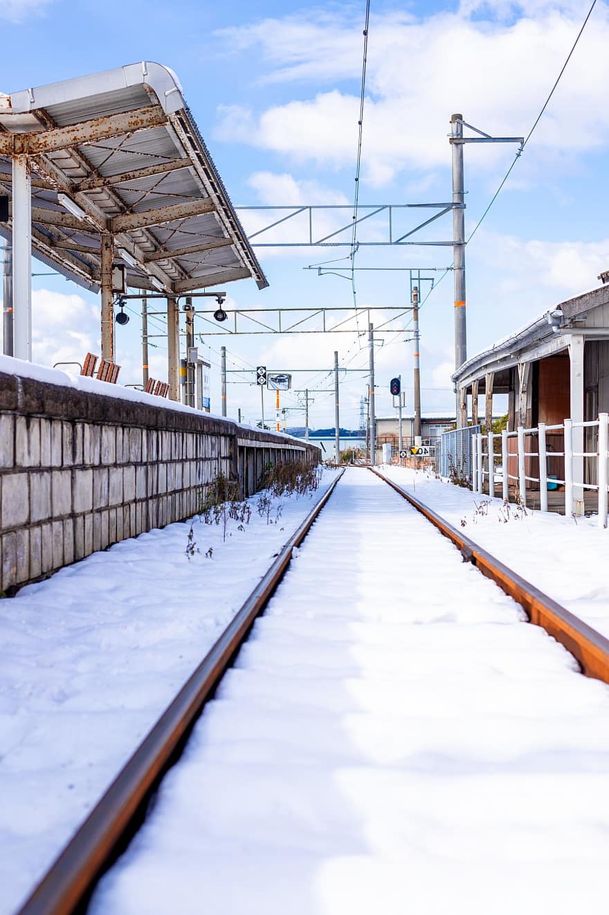 sne, togstation, jernbane, vinter, frost, Frosset, kold, is, snedækket, jernbanespor, togspor
