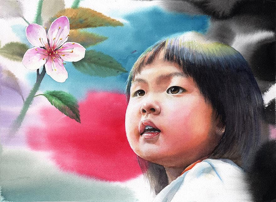akvarellporträtt, porträtt, barn illustration, porträttporträtt, siffra målningar, flicka, baekjunseung, barns, figur, konst, asiatisk