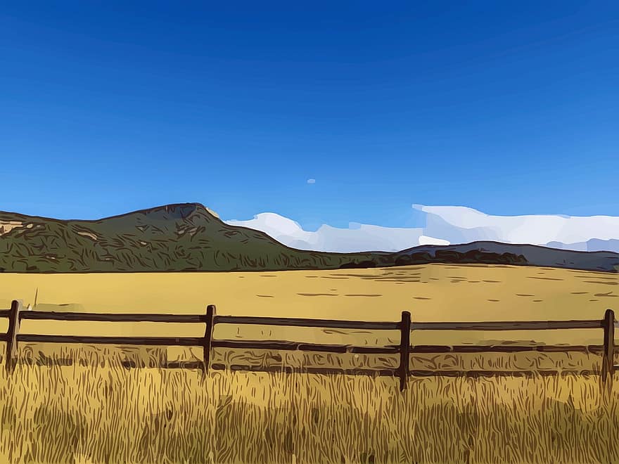 scénique, Montagne, Prairie, bleu, ciel, clôture, rail fendu, champ, des nuages, la nature, paysage
