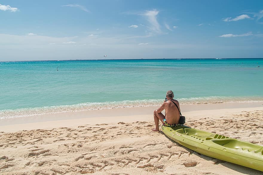 uomo, spiaggia, mare, barca, kayak, caraibico, costa, oceano, acqua, sabbia, riva del mare