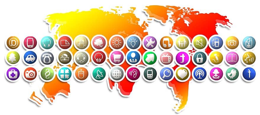Media, Continents, Global, Globalization, International, Social Media, Social, Facebook, Internet, Button, Twitter