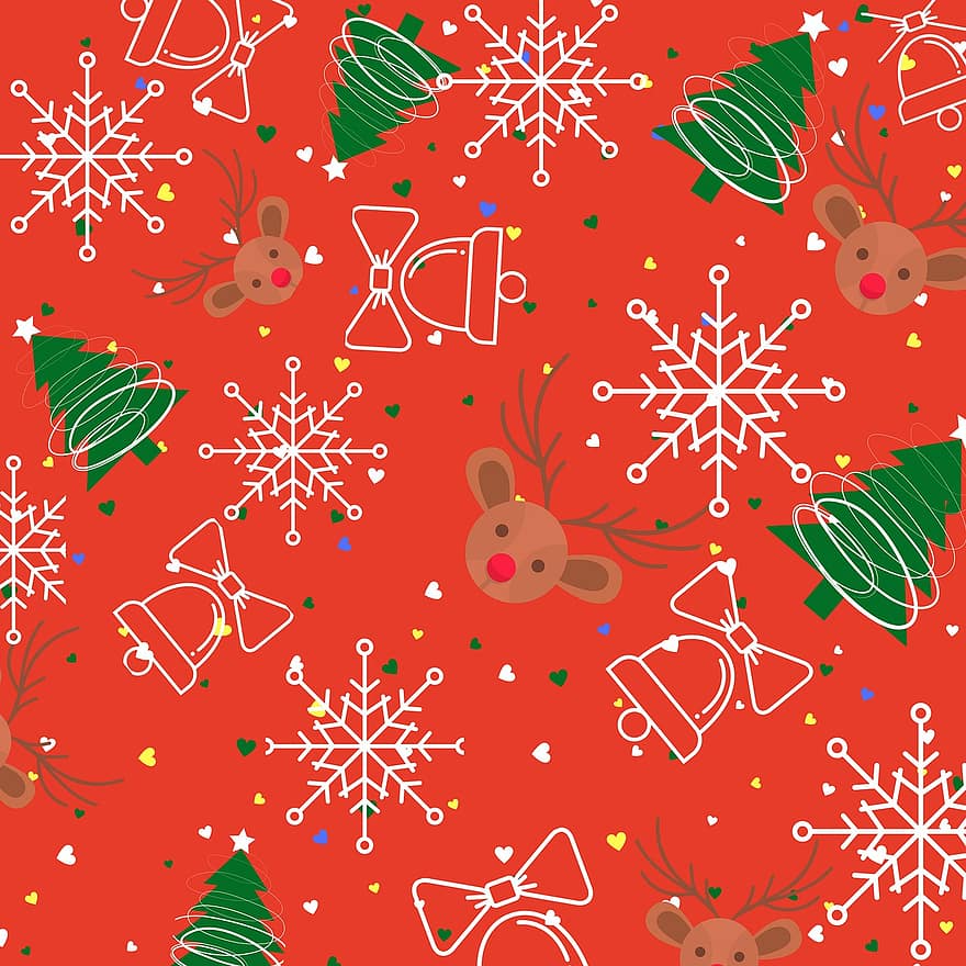 雪の結晶、木、星、トナカイ、休日、パターン、クリスマス、ベル、ジングル、贈り物、装飾的な
