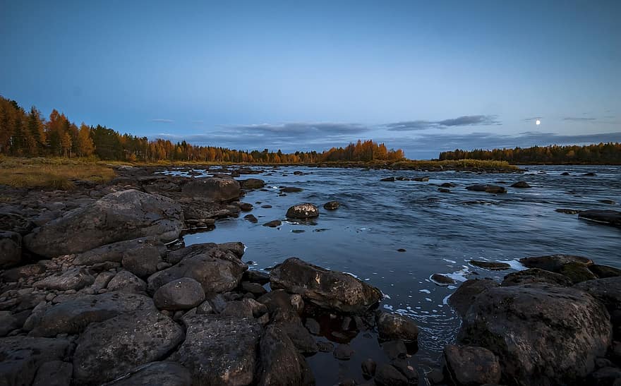 kraštovaizdį, mėnulio šviesa, naktis, upė, slenksčius, ruduo, ruska, Laplandija, Suomija, lauke, kelionė