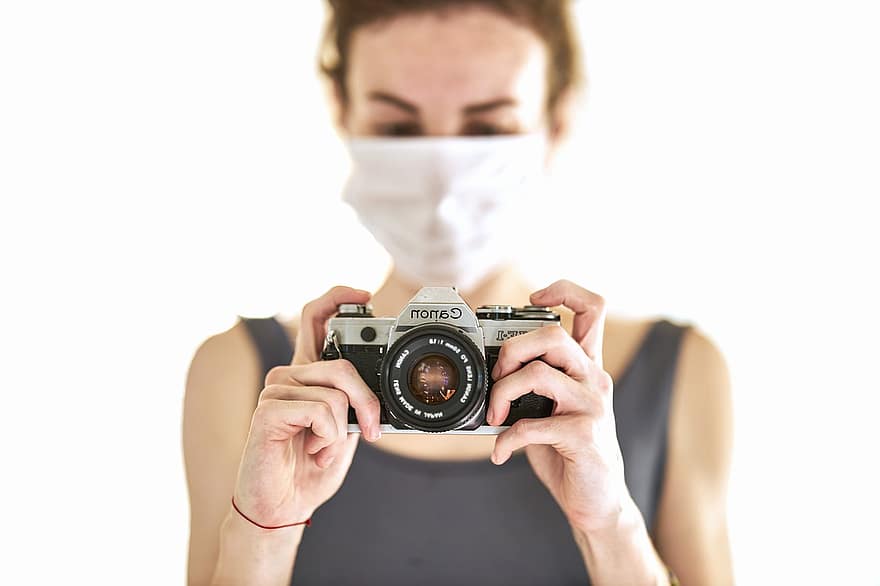 fotograaf, coronavirus, masker, retro, quarantaine, corona, isolatie, bescherming, infectie, ziekte, epidemie