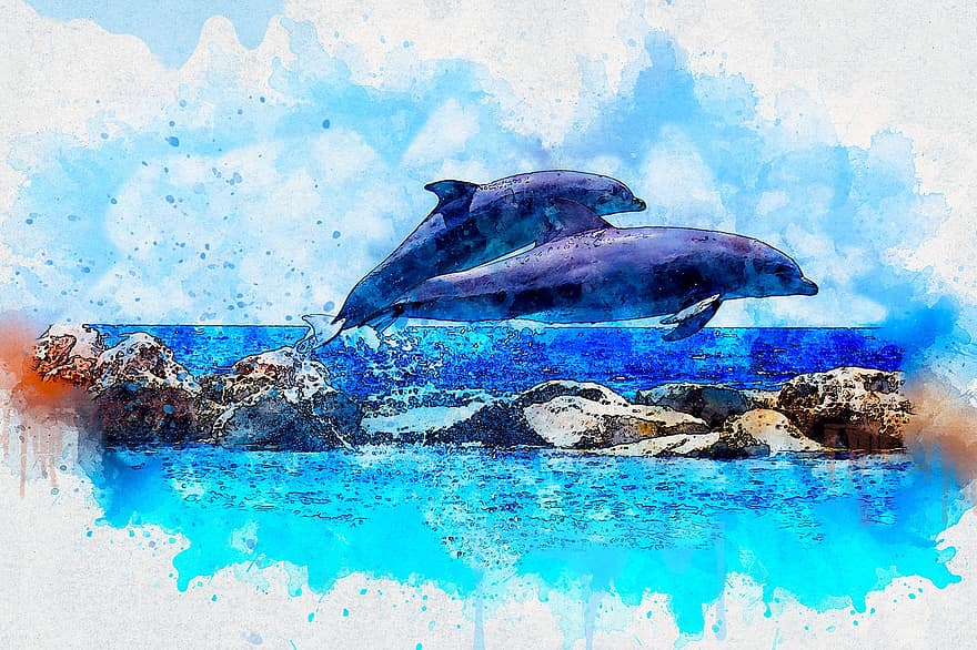 delfín, skok, moře, umění, vodové barvy, vinobraní, zvíře, umělecký, abstraktní, design, akvarel