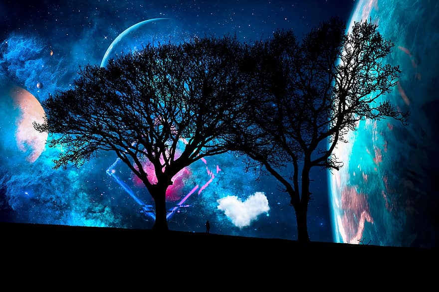 alberi, surreale, universo, silhouette, paesaggio, galassia, stella, pianeti, terra, spazio, sfondo