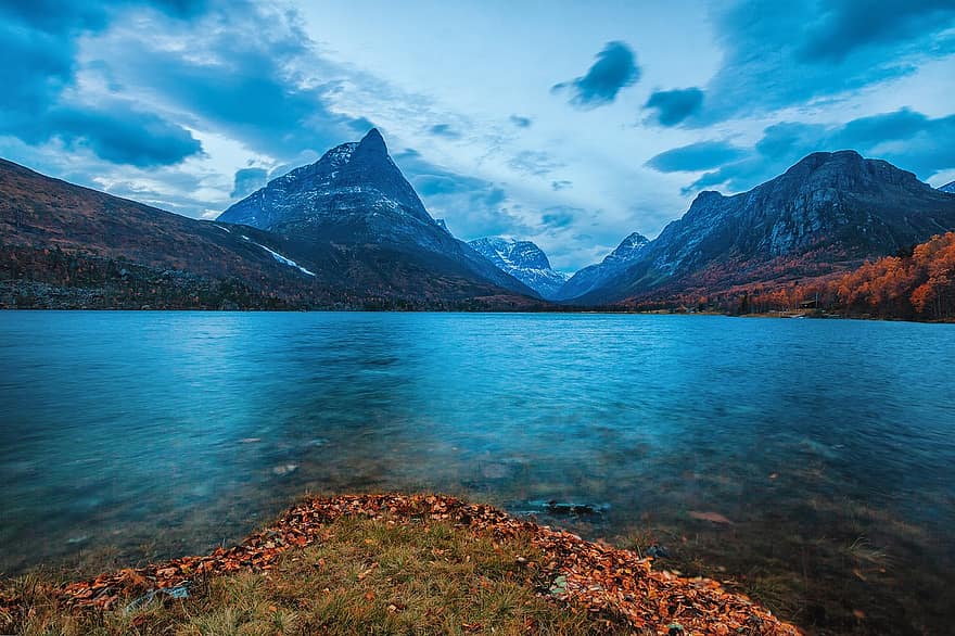 lago, montagne, Innerdalen, fiordo, acqua, acqua blu, banca, catena montuosa, autunno, calma, scenario