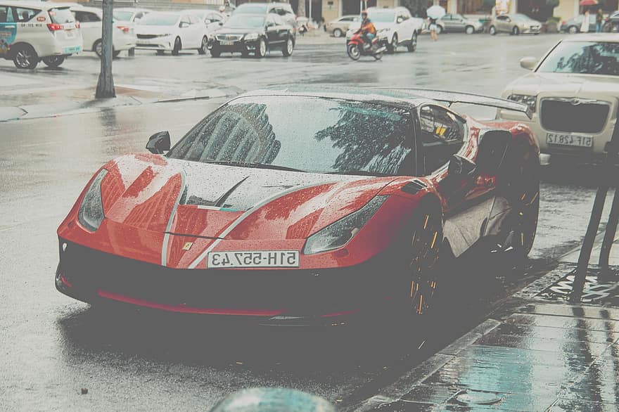 Ferrari 488 gtb, voiture, route, voiture de sport, voiture de luxe, véhicule, auto, ferrari, garé, rue, pluie