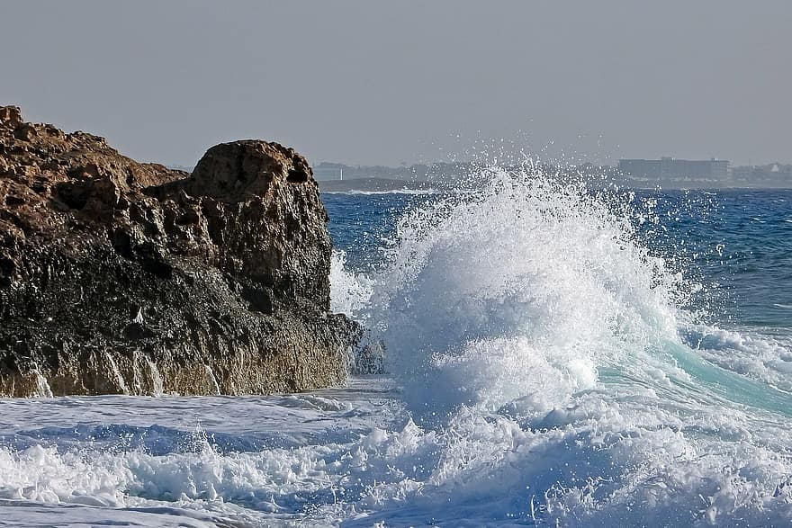 موجة ، صخرة ، تحطيم ، رذاذ ، رغوة ، دفقة ، طبيعة ، المناظر الطبيعيه ، منظر طبيعى ، ماء ، أزرق