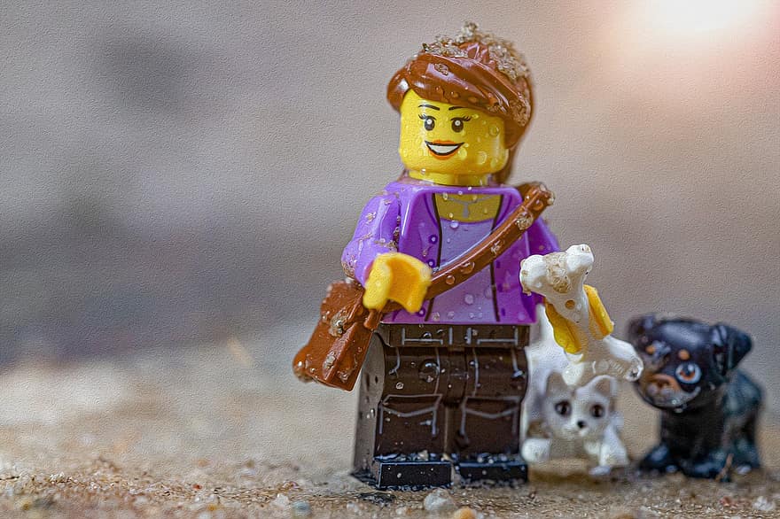 Lego, mascotas, perro caminando, animales, perro, gato, minifiguras, pequeña, juguete, linda, nieve