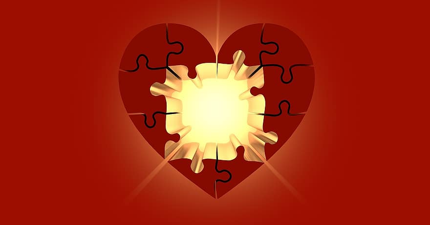 puzzel, hart-, licht, geluk, puzzels, verhouding, verbondenheid, belofte, symbool, stukjes van de puzzel, loyaliteit