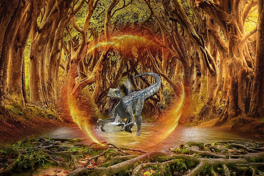 fondo, bosque, corriente, portal, dinosaurio, fantasía, arte digital