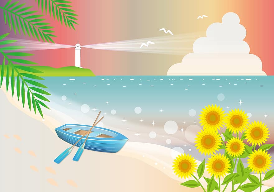 fundal de plajă, mare, ocean, barcă, casa luminoasă, floarea-soarelui, palmieri, apus de soare, pescăruși, plajă, apă