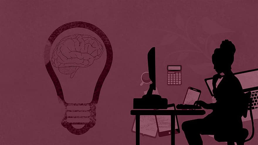 Light Bulb, Computer, Woman, Dramatic, Dark, Idea Generation, Brain, Mind, Brainstorming, Pensive, Thinking