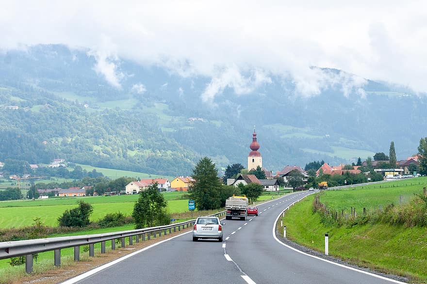 austria, vei, hovedvei, trafikk, landskap, landlige scene, fjell, sommer, reise, arkitektur, eng