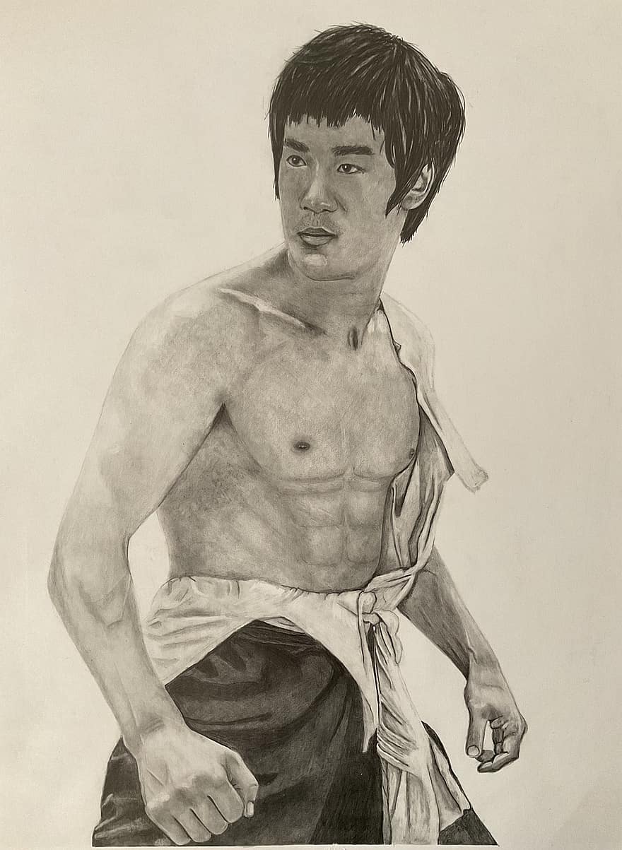 Bruce Lee, artysta sztuk walki, gwiazda filmowa, portret, mężczyźni, czarny i biały, ilustracja, jedna osoba, dorosły, muskularna budowa, nagi
