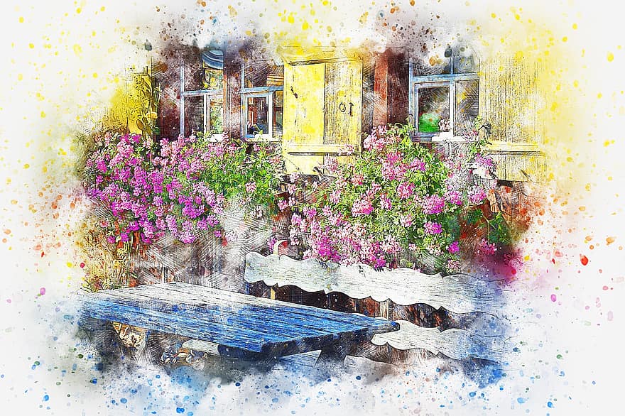 Flowers, Window, Countryside, Art, Watercolor, Nature, Vintage, Romantic, Colorful, Artistic, Texture