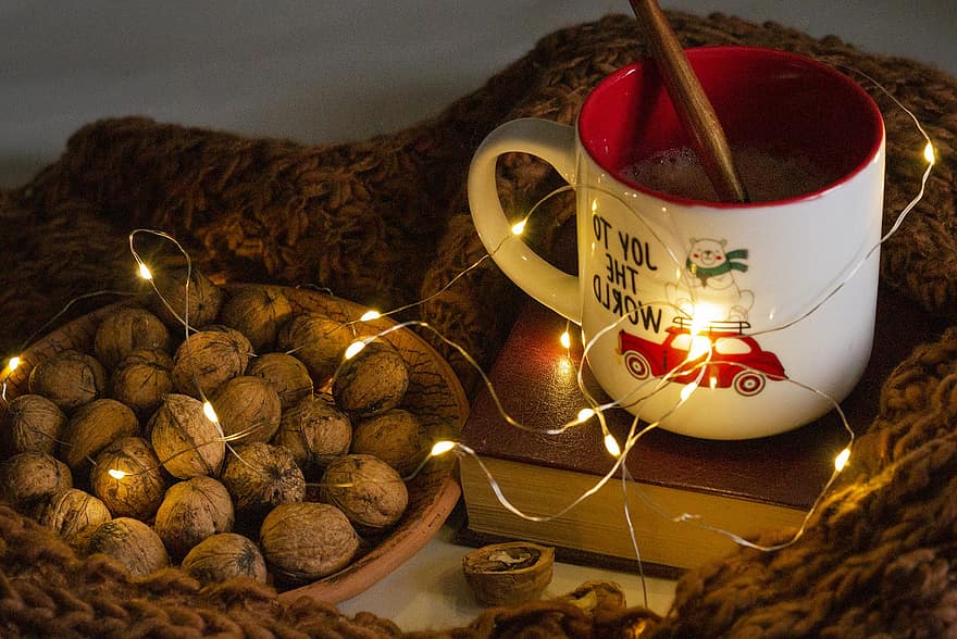 ořechy, káva, útulnost, Dům, zimní, dekorace, oslava, teplo, teplota, sezóna, dřevo