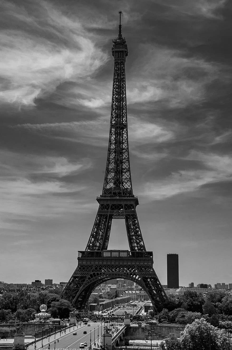 パリ、エッフェル塔、フランス、建築、有名な場所、街並み、黒と白、旅行、観光、首都、建造物
