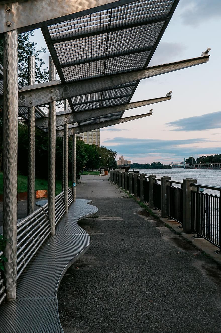река, седалки, парк, залез, архитектурен дизайн, Ню Йорк