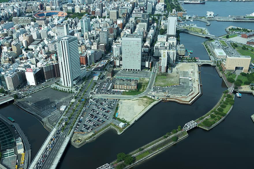 kaupunki, kaupunki-, Yokohama, Japani, lintuperspektiivi