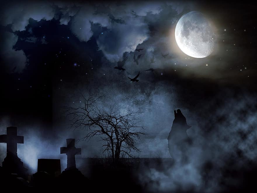 гробище, зловещ, луна, вълк, нощ, кръст, облаци, звезда, атмосферен, мистична, призрачен