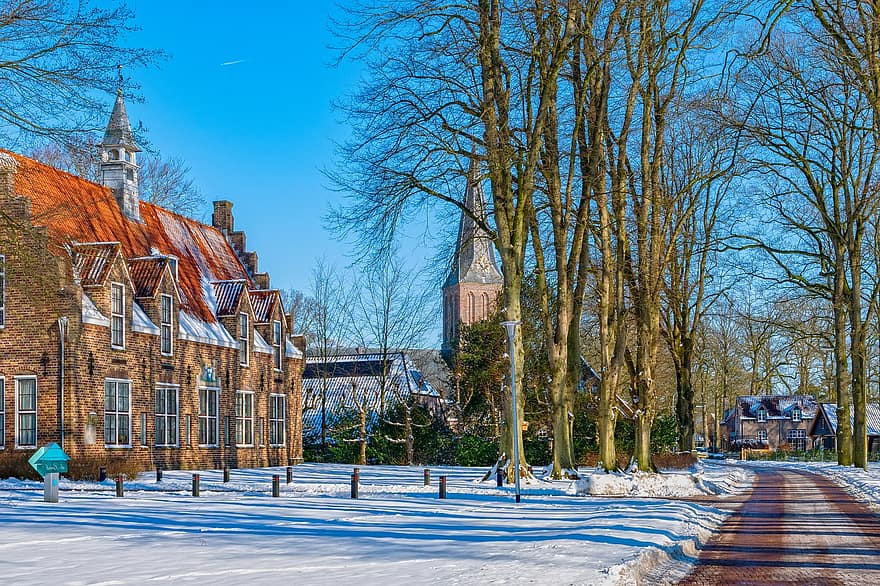 landsby, vej, sne, vinter, bygninger, træer, sti, udendørs, landskabet, Sleen, Drenthe