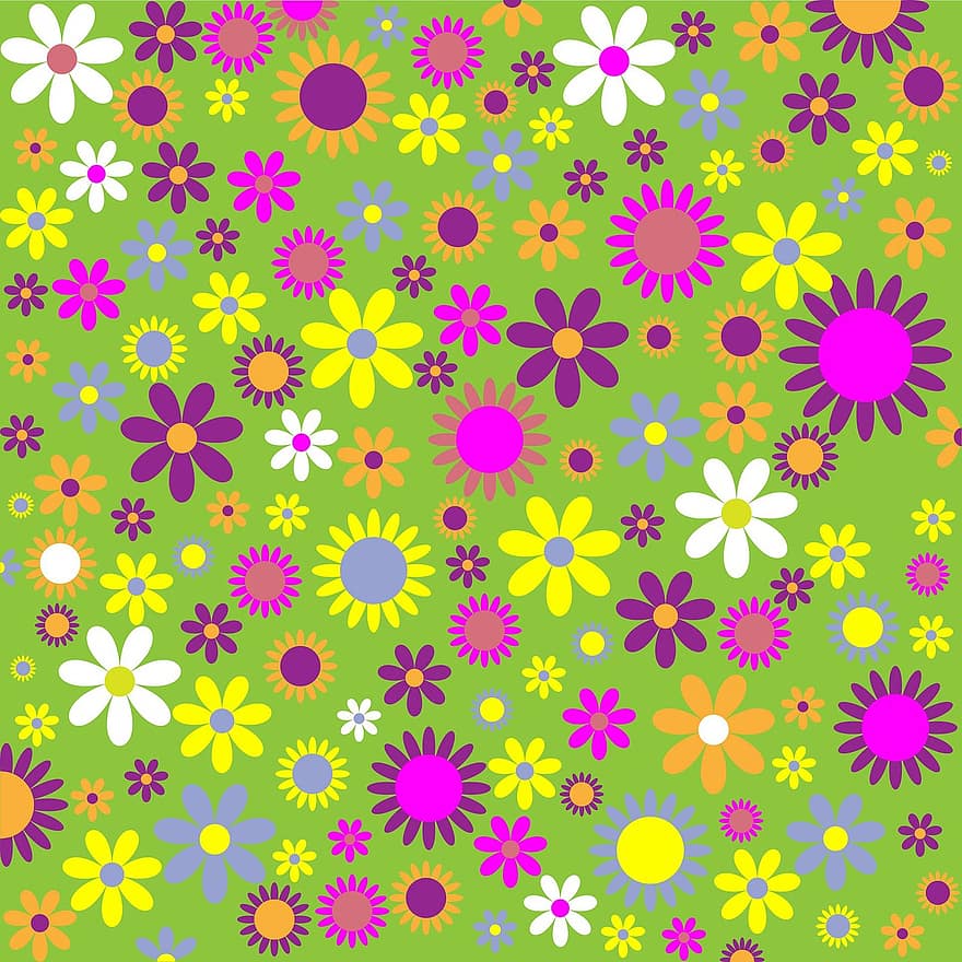 Floral, Flowers, Pattern, Colorful, Green, Pink, Yellow, Orange, Background, Art, Design