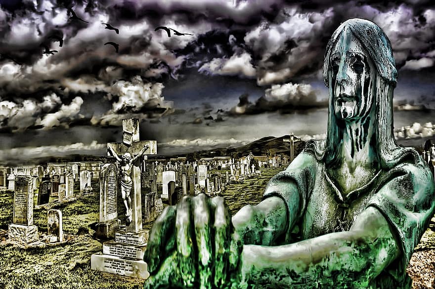 kirkegård, død, grav, begravelse, mindesmærke, halloween, mørk, religion, gravsten, sorg, rædsel