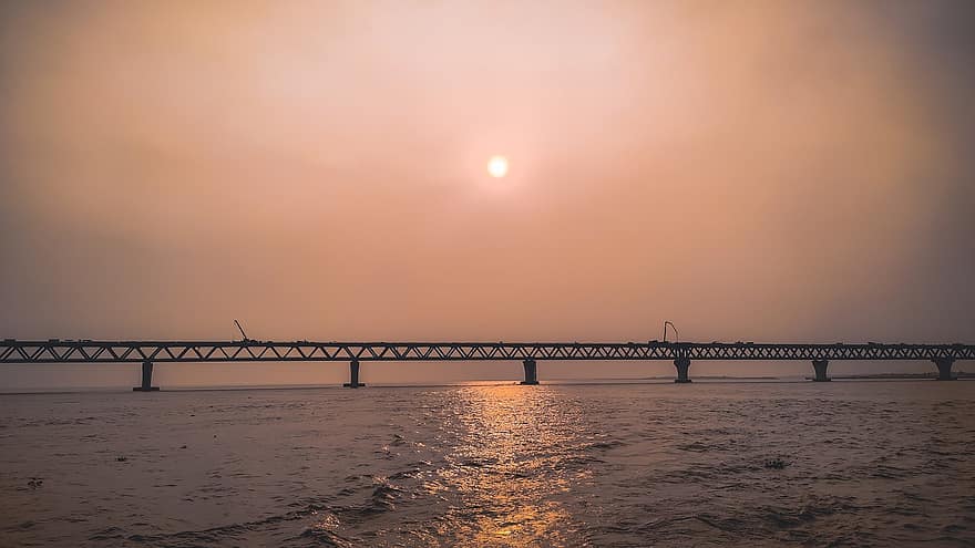 sungai, matahari terbenam, jembatan, struktur, Sungai Padma