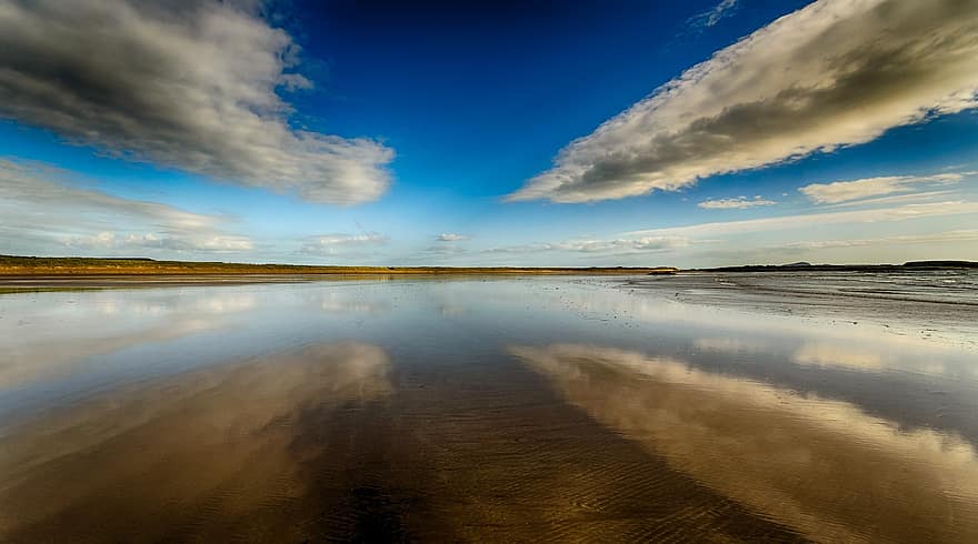 mare, cielo, riflessione, nuvole, spiaggia, costa, oceano, Galles