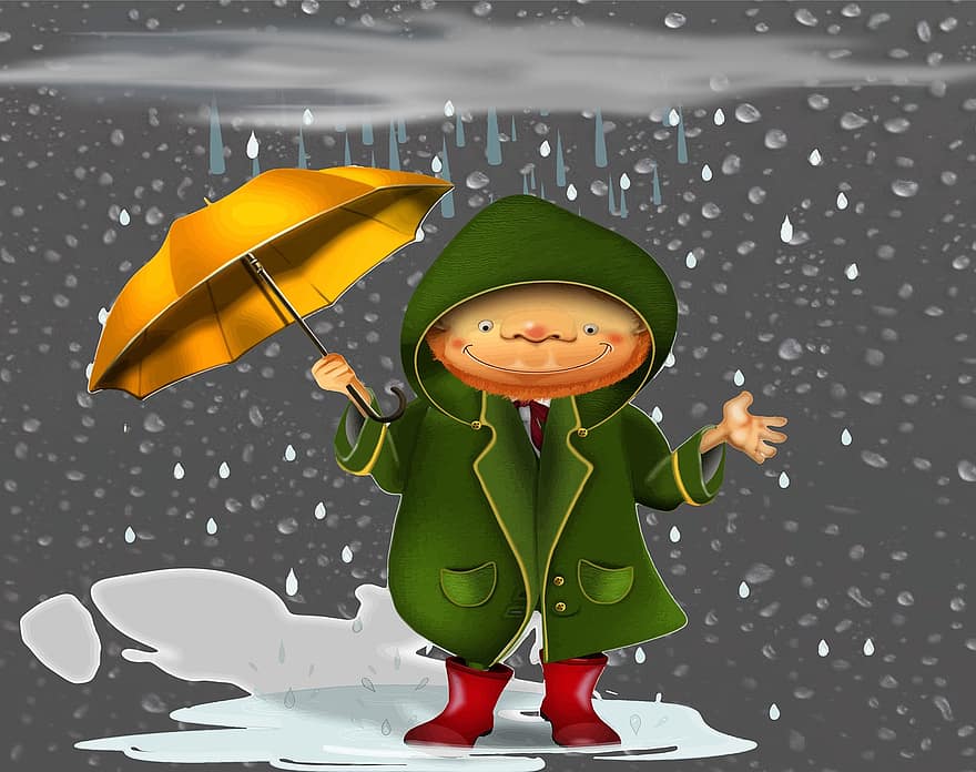pria, mantel, payung, genangan air, hujan, badai, awan, hujan badai, cuaca, iklim