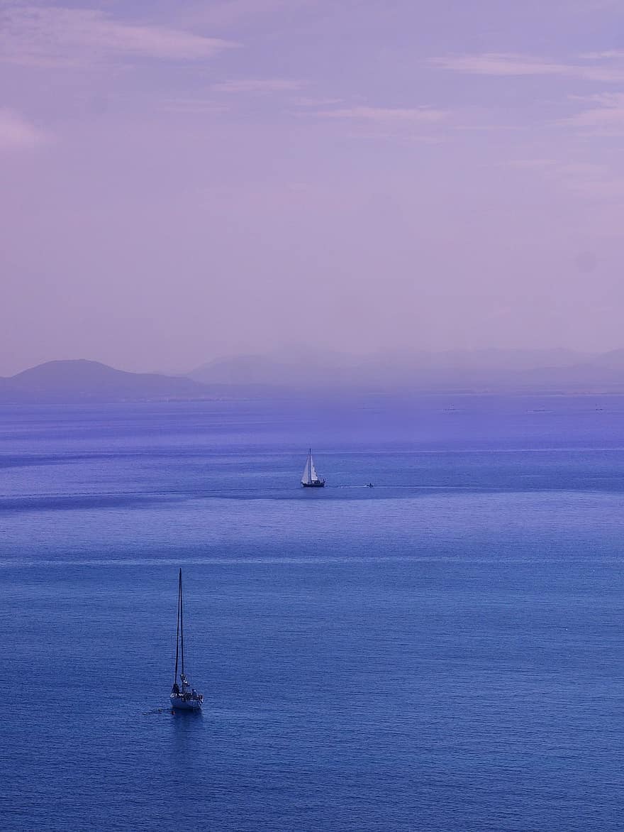 mar, hora blava, oceà, posta de sol, naturalesa, veler, vela, vaixell nàutic, iot, aigua, blau