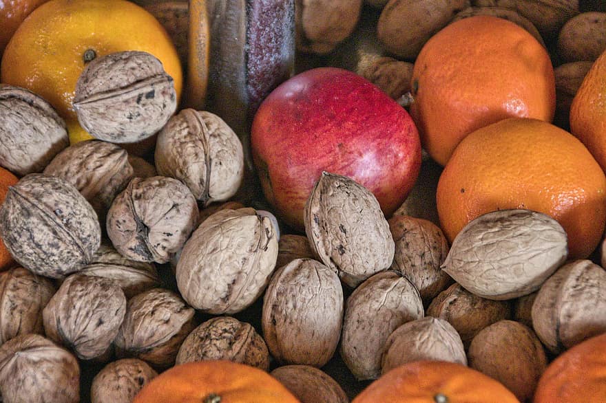 fruites, fruits secs, menjar, poma, mandarina, taronja, nous, saludable, vitamines, orgànic, produir