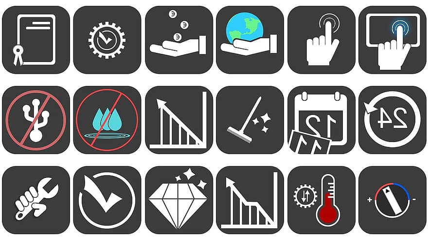 pictogrammen, icoon, aanraken, touch screen, wereld-, geld, tijd, schoon, temperatuur-, logo, afzet