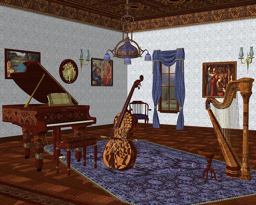 mūzikas istaba, mūzikas instrumenti, Lielā istaba, interjers, instrumentu, mūziku, klavieres, klasika