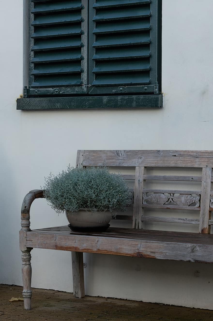 Garden Bench, Shutters, Patio, wood, table, flower, plant, flower pot, summer, window, chair